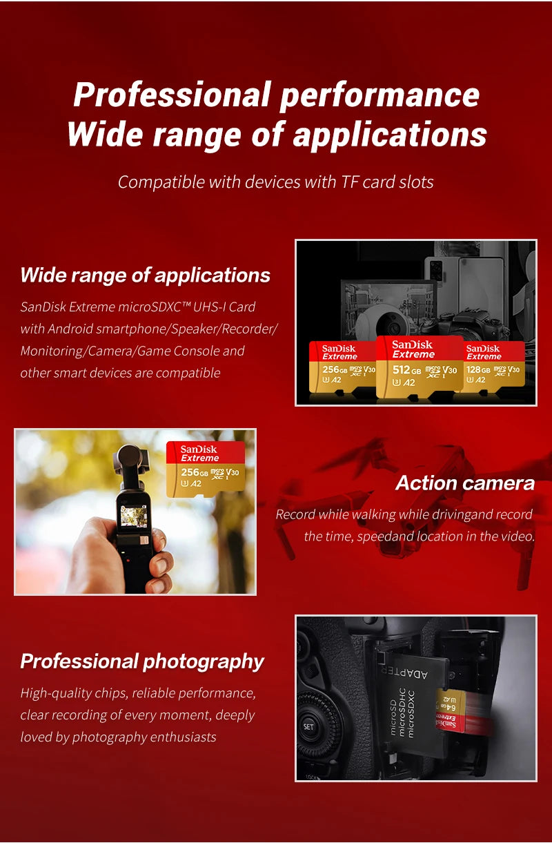 100% Original SanDisk Micro SD Card A1 A2 Memory Card 32GB 64GB 128GB 256GB 512GB 1TB microSD TF Card Storage UHS-I Cards U1 U3