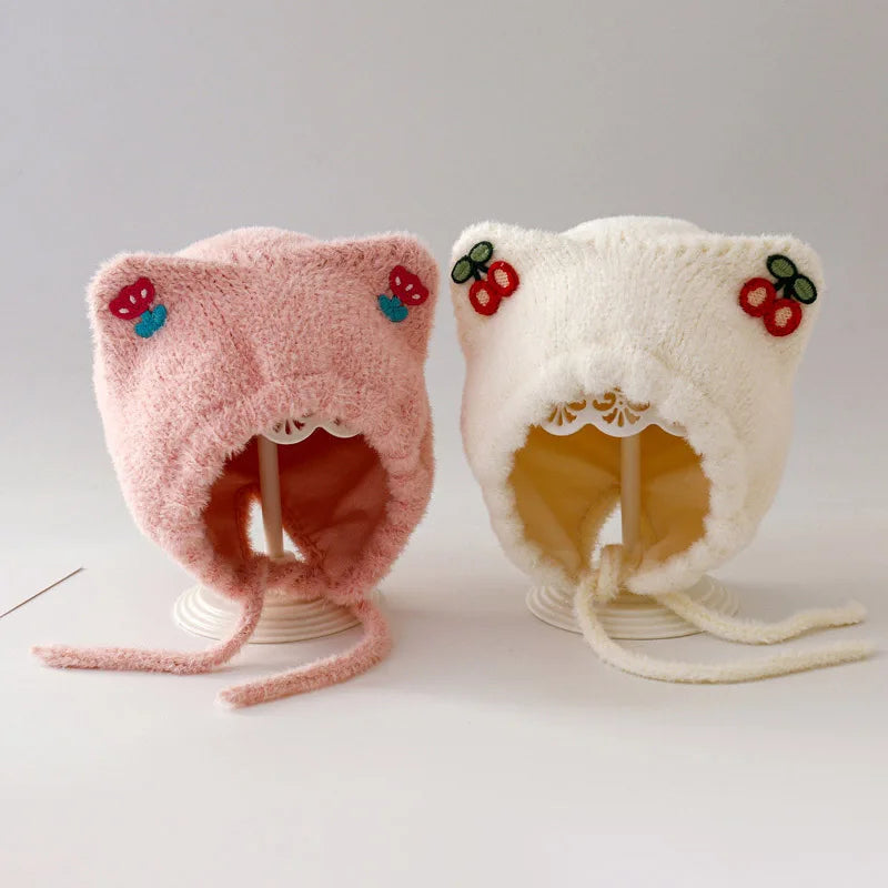 Winter Baby Plush Ear Protection Hat Cute Cherry Toddler Headgear Bonnet Thick Warm Kids Earmuffs Cap 8-36Month Children Beanies