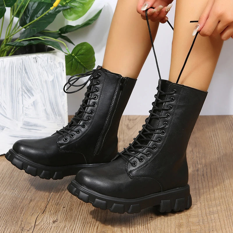 Boots Women 2022 Autumn Winter PU Leather White Ankle Boots Motorcycle Botines Female Chunky Heels Platform Boots Botas Mujer