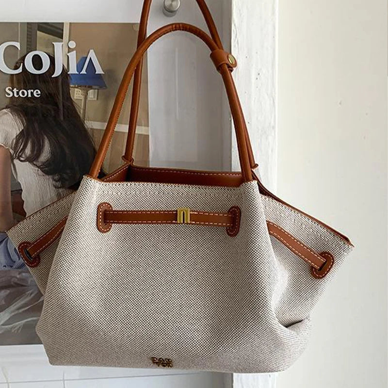 Luxury Canvas Dumpling Handbag Vintage Large Capacity Tote Bag Brand Pleated Drawstring Design Versatile Fashion Shoulder Purse