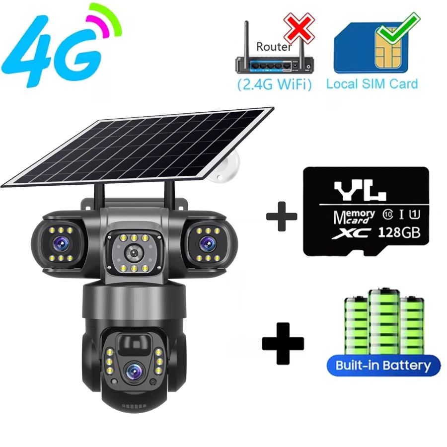 V380 Pro 3 Lens  IP Solar Camera HD 15 MP Outdoor Waterproof CCTV Night Vision Two-Way Audio Camera Mobile Tracking 4G IP Camera