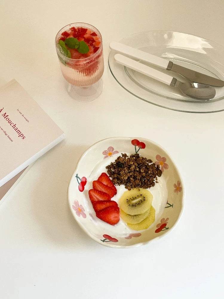 1PCS Ceramic Salad Bowl Hand Pinched Irregular Ins Korean Style Cream Yellow Yogurt Bowl Oatmeal Breakfast Plates Flower Bowl