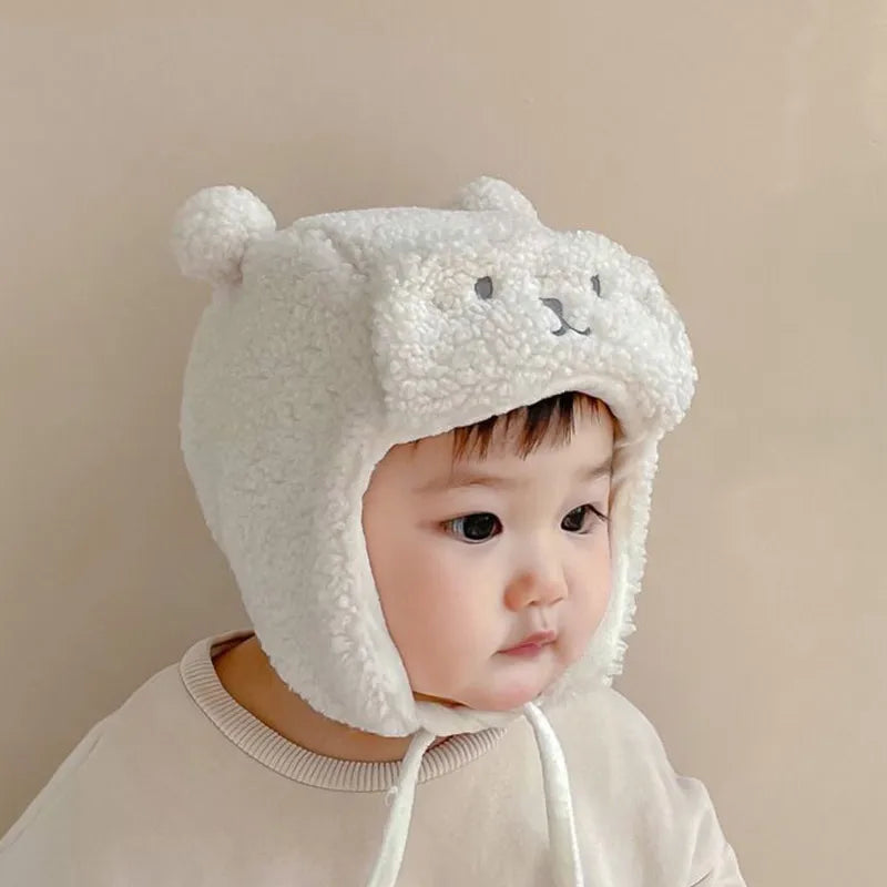 Cartoon Bear Plush Baby Hat Winter Polar Fleece Beanie Cap for Infant Korean Cute Warm Thicken Cotton Kids Ear Protection Hats