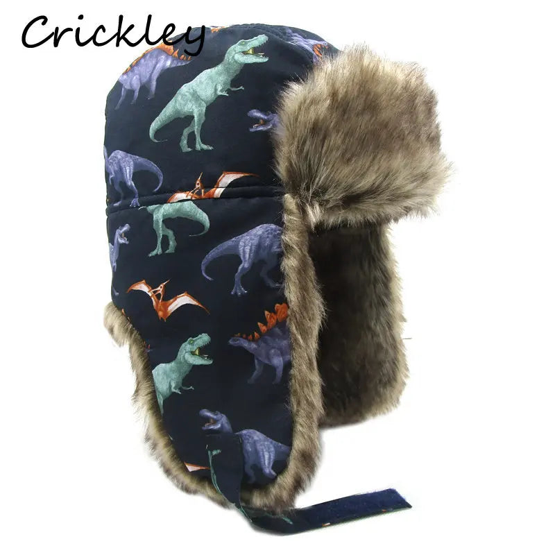 Winter Children Fur Keep Warm Hats Cartoon Dinosaur Pattern Ushanka Caps for 1-10 Years Boys Girls Windproof Soft Skiing Hat