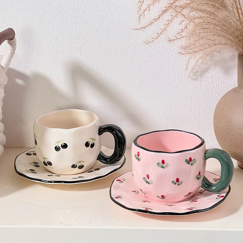 340ML Hand-painted Flower Love heart Ceramic Coffee Cup with Saucer Home Office Water Cup Breakfast Milk Juice Teacup Gift Set