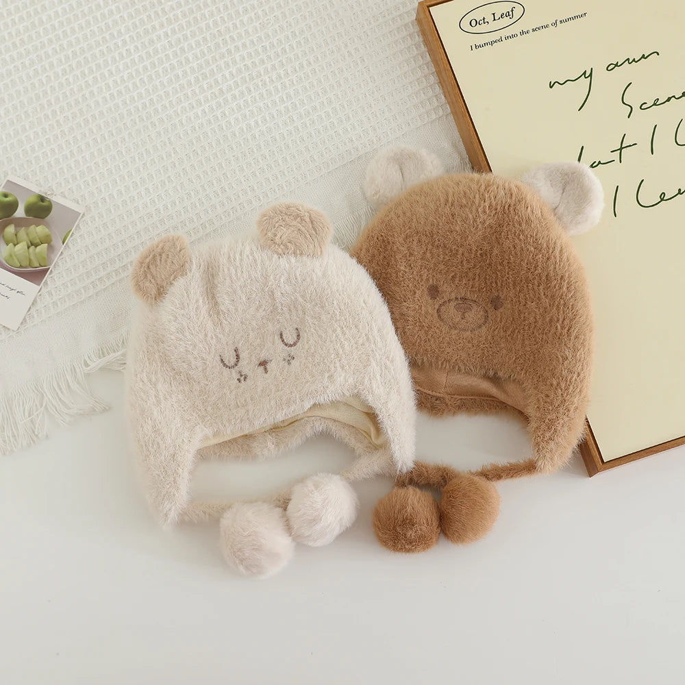 New Autumn Winter Warm Plush Hats for Kids Cartoon Thick Baby Girls Hat Outdoor Windproof Boys Ear Protection Cap Infant Beanies