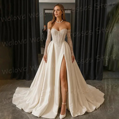 2025 Elegant A Line Women's Wedding Dresses Lace Sweetheart Customized Bride Gowns Long Sleeve Side Slit Vestidos De Novia Boda