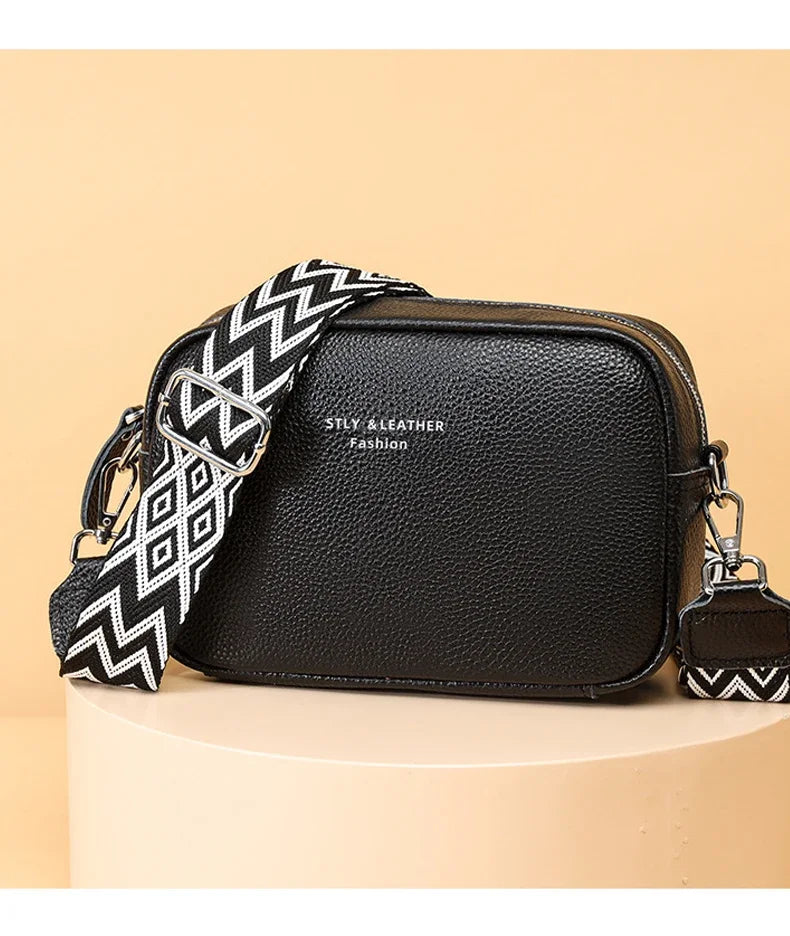 100% Genuine Leather Women Shoulder Bag 2025 New High Quality Cowhide Female Crossbody Bags Wide Shoulder Strap Girls Handbag