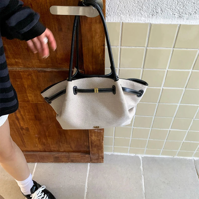 Luxury Canvas Dumpling Handbag Vintage Large Capacity Tote Bag Brand Pleated Drawstring Design Versatile Fashion Shoulder Purse
