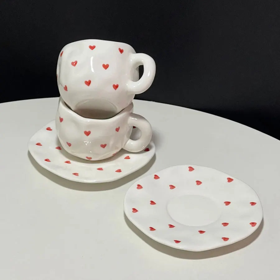 Cute Hand Pinch Irregular Painted Small Red Love Coffee Cup Plate Underglaze Ceramic Afternoon Tea Cup Plate Set
