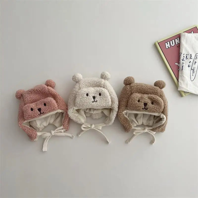 Cartoon Bear Plush Baby Hat Winter Polar Fleece Beanie Cap for Infant Korean Cute Warm Thicken Cotton Kids Ear Protection Hats