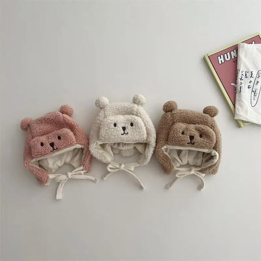 Cartoon Bear Plush Baby Hat Winter Polar Fleece Beanie Cap for Infant Korean Cute Warm Thicken Cotton Kids Ear Protection Hats