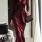Elegant Satin Long Sleeve V-Neck Gown with Waist Belt Ankle-Length Dress Polished Autumn New Style Cross-Border Dress