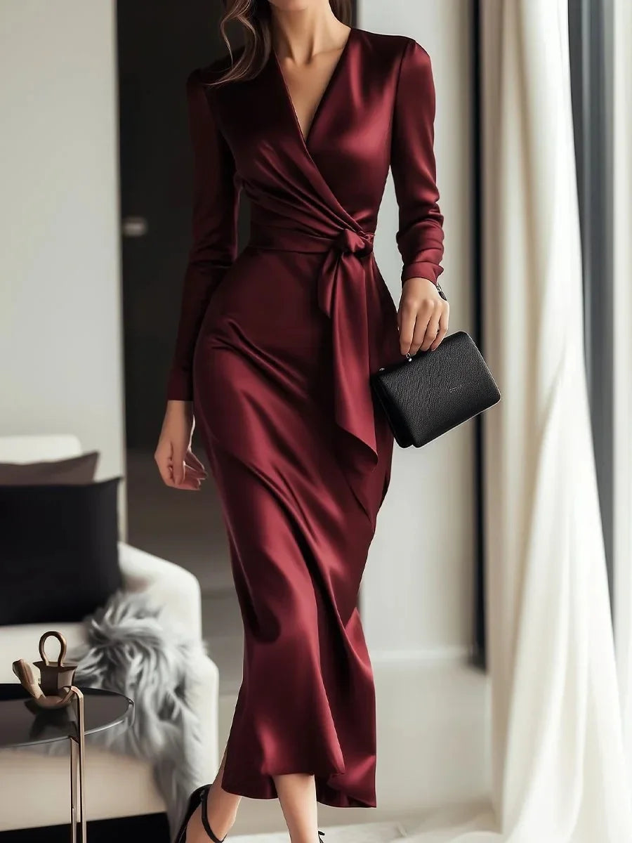 Elegant Satin Long Sleeve V-Neck Gown with Waist Belt Ankle-Length Dress Polished Autumn New Style Cross-Border Dress