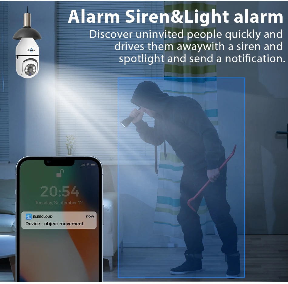 Hiseeu 3MP Wifi PTZ IP Camera E27 Light Bulb Camera Night Vision Auto Tracking Two-way audio Wireless CCTV Surveillance Security