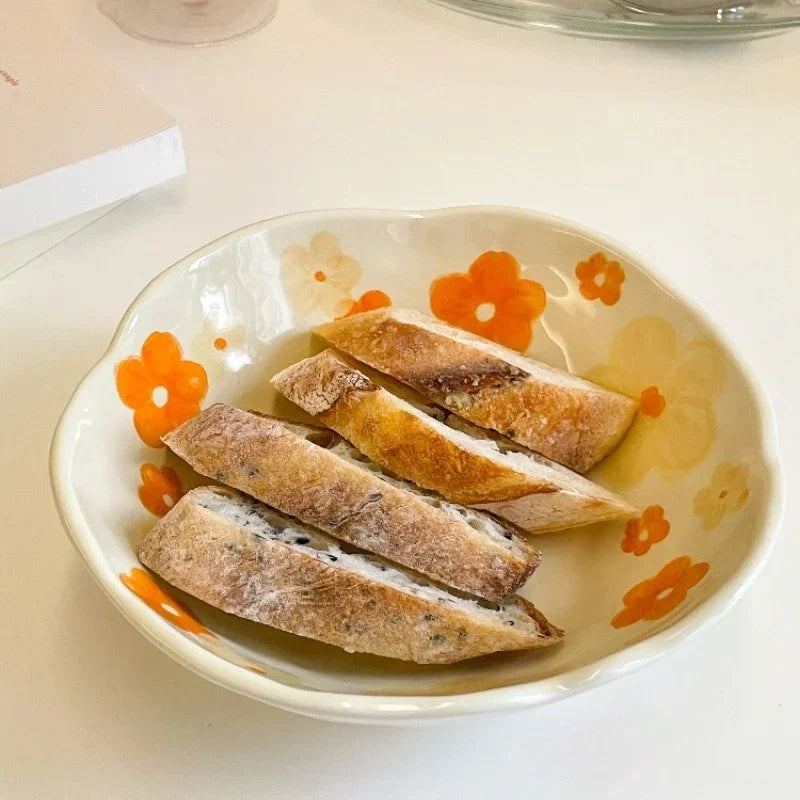 1PCS Ceramic Salad Bowl Hand Pinched Irregular Ins Korean Style Cream Yellow Yogurt Bowl Oatmeal Breakfast Plates Flower Bowl