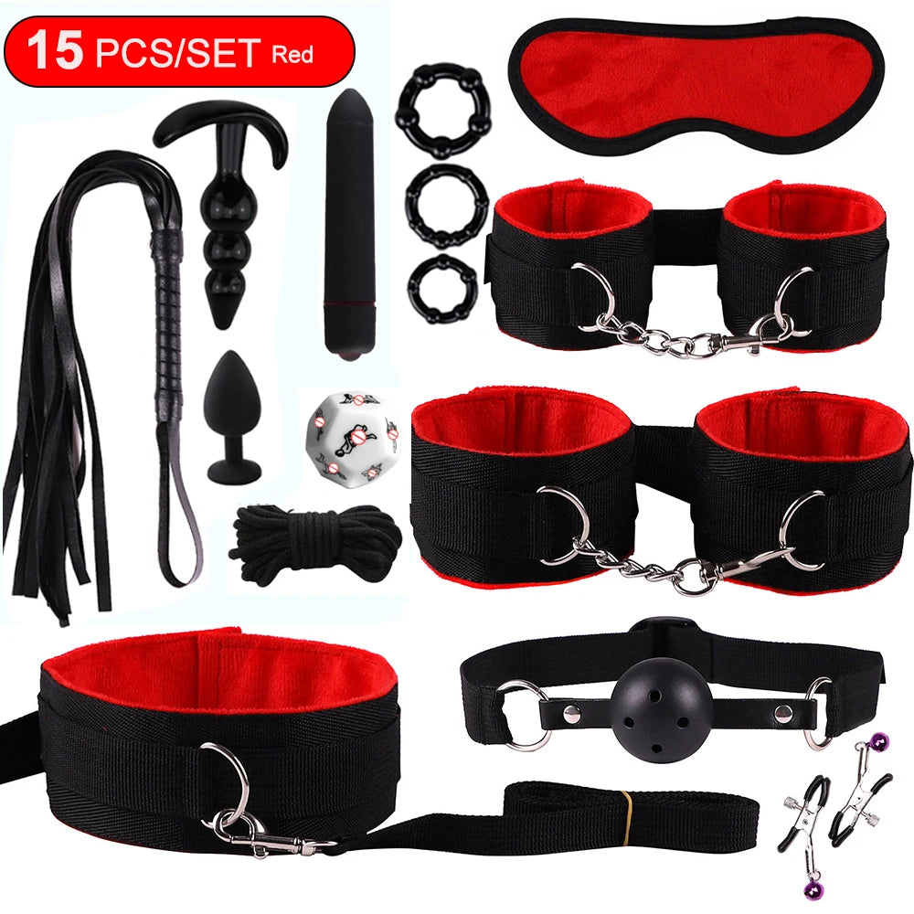 Exotic Bed Bondage Set BDSM Kits Exotic Sex Toys For Adults Games Leather Handcuffs Whip Gag Nipple Clamps Women Sex Products