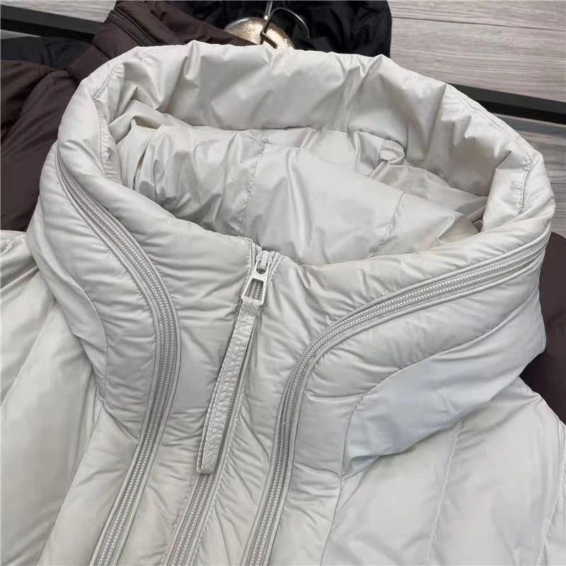 Winter Hooded Warm Mid Length Down Jacket Female Double Zipper Solid Parker Outwears Women 90% White Duck Down Loose Down Jacket