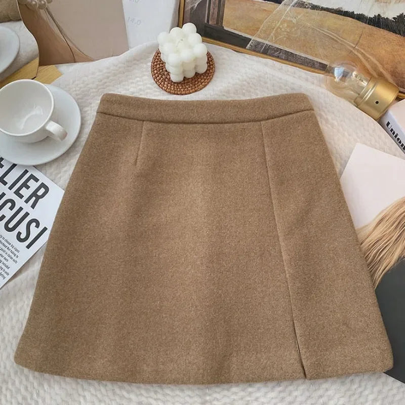 Woolen Mini Skirts Women S-5XL Slim Hip Wrap Side Slit A-line Autumn Winter Solid All-match Female Plus Size Graceful Vintage
