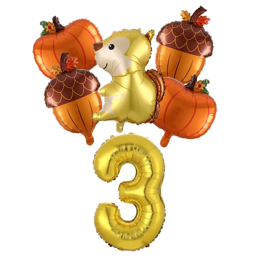 6Pcs Autumn Forest Animals Kids Birthday Party Decoration Squirrel Pine Cone Foil Balloon With 0-9 Number Ball Thanksgiving Gift