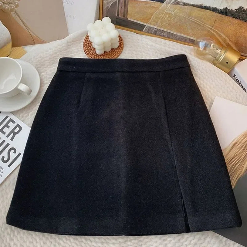 Woolen Mini Skirts Women S-5XL Slim Hip Wrap Side Slit A-line Autumn Winter Solid All-match Female Plus Size Graceful Vintage