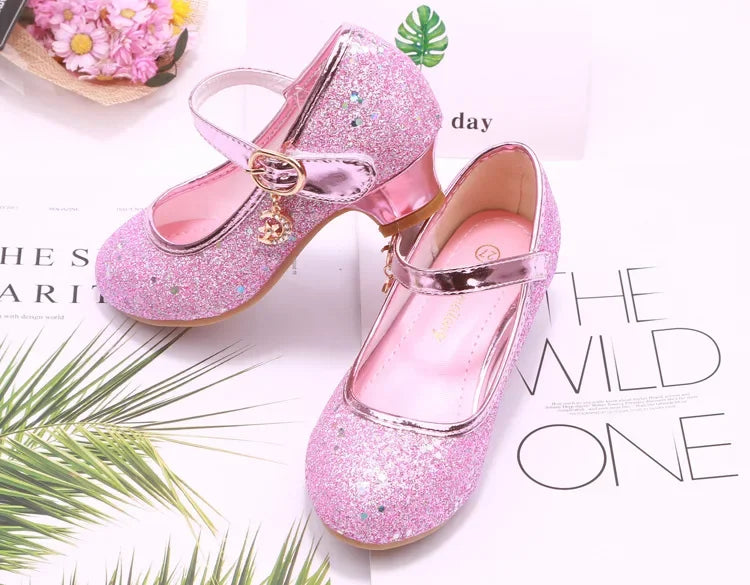 Girls High Heels Children's Leather Shoes Small Children Princess Single Shoes Sequins Students Dance Performance Gift