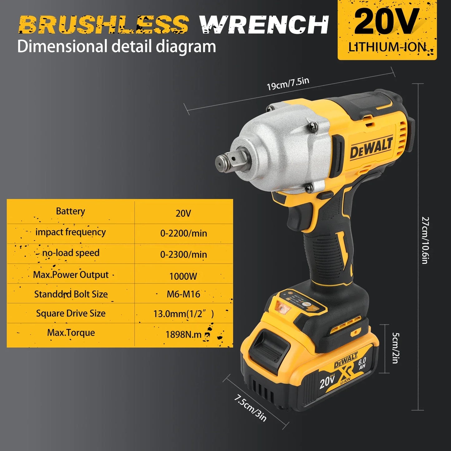 DEWALT DCF900 20V 1/2" Impact Wrench,features a brushless motor Its high torque output makes an ideal choice for tackling tough