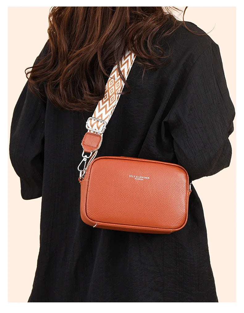 100% Genuine Leather Women Shoulder Bag 2025 New High Quality Cowhide Female Crossbody Bags Wide Shoulder Strap Girls Handbag