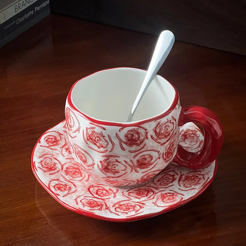 340ML Hand-painted Flower Love heart Ceramic Coffee Cup with Saucer Home Office Water Cup Breakfast Milk Juice Teacup Gift Set