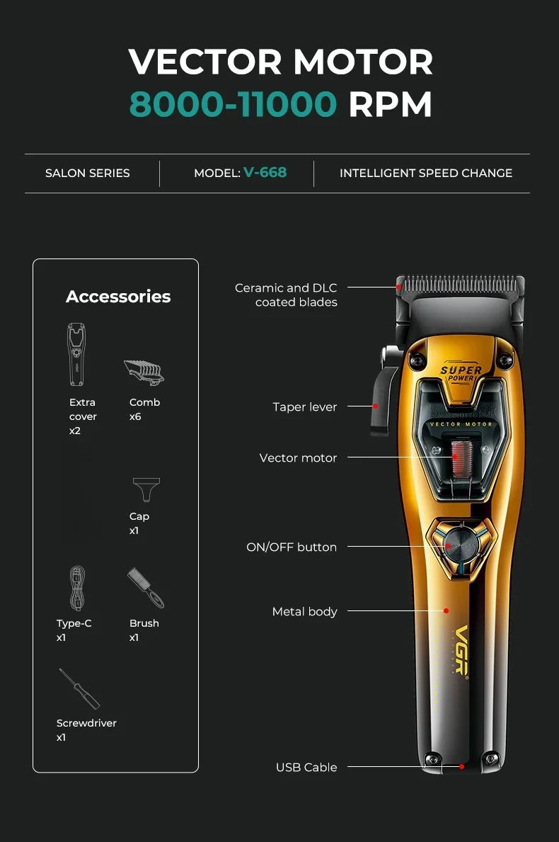VGR Hair Clippers Vector Motor Professional Hair Cut Machine 11000RPM  Electric Clippers Adjustable Metal Trimmers for Men V-668
