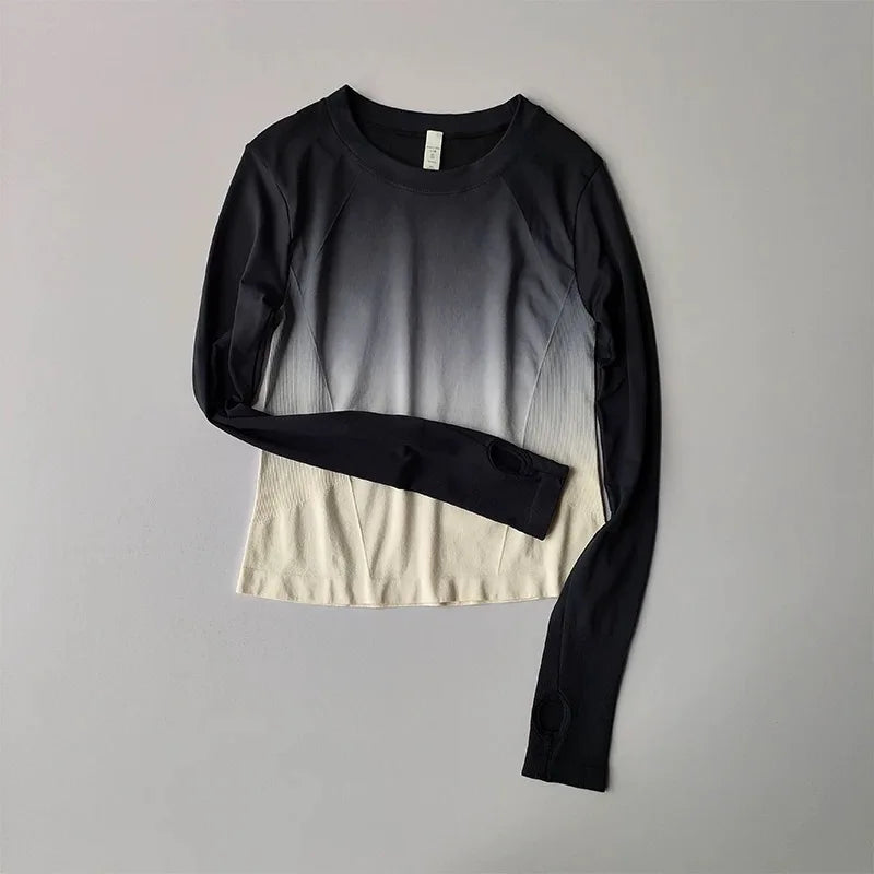 Gradient Fashionable Slimming Sports T-Shirt Fitness Top for Women Tight Quick-Dry Long-Sleeve Shirt Yoga Wear Training Body-Sha
