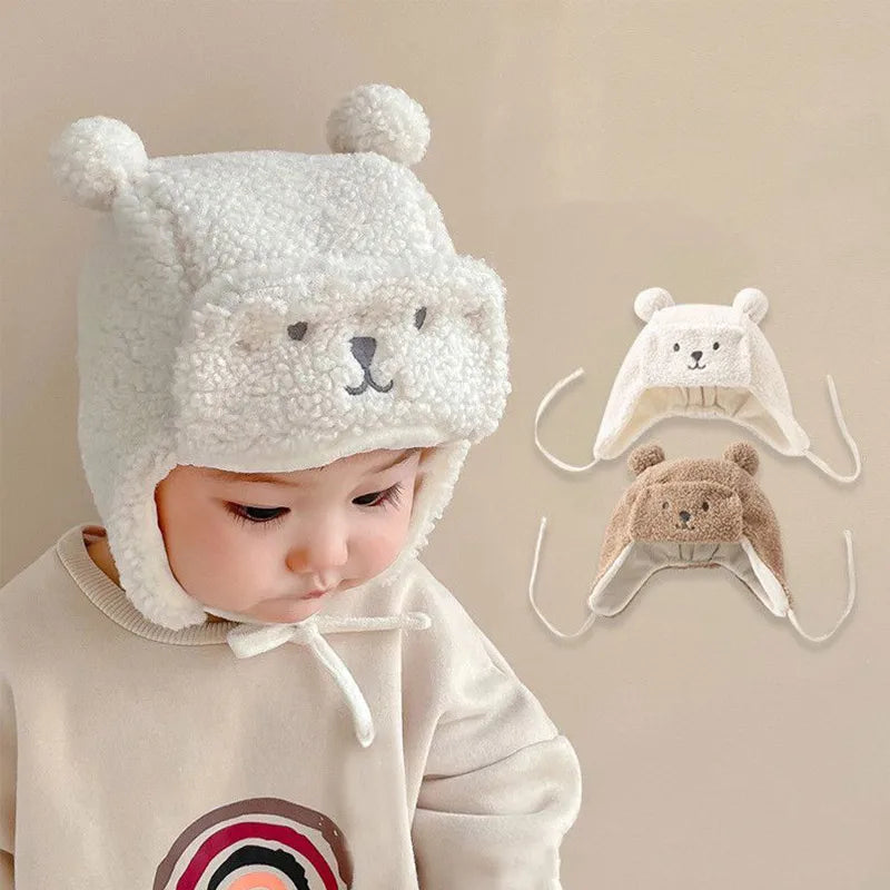 Cartoon Bear Plush Baby Hat Winter Polar Fleece Beanie Cap for Infant Korean Cute Warm Thicken Cotton Kids Ear Protection Hats