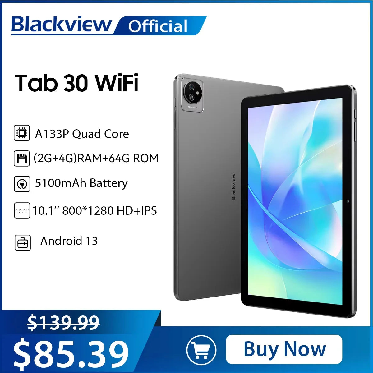 Blackview Tab 30 WIFI Tablet PC 10.1'' 800*1280 HD+IPS Display, Android 13 2GB+64GB,  2.4G/ 5G WIFI 6 Tablet With Dual Speakers