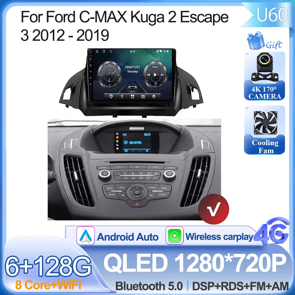 For Ford C-MAX Kuga 2 Escape 3 2012 - 2019 Android 15 Car Radio Multimedia Video Player Navigation Carplay Auto BT 2DIN DVD 5G