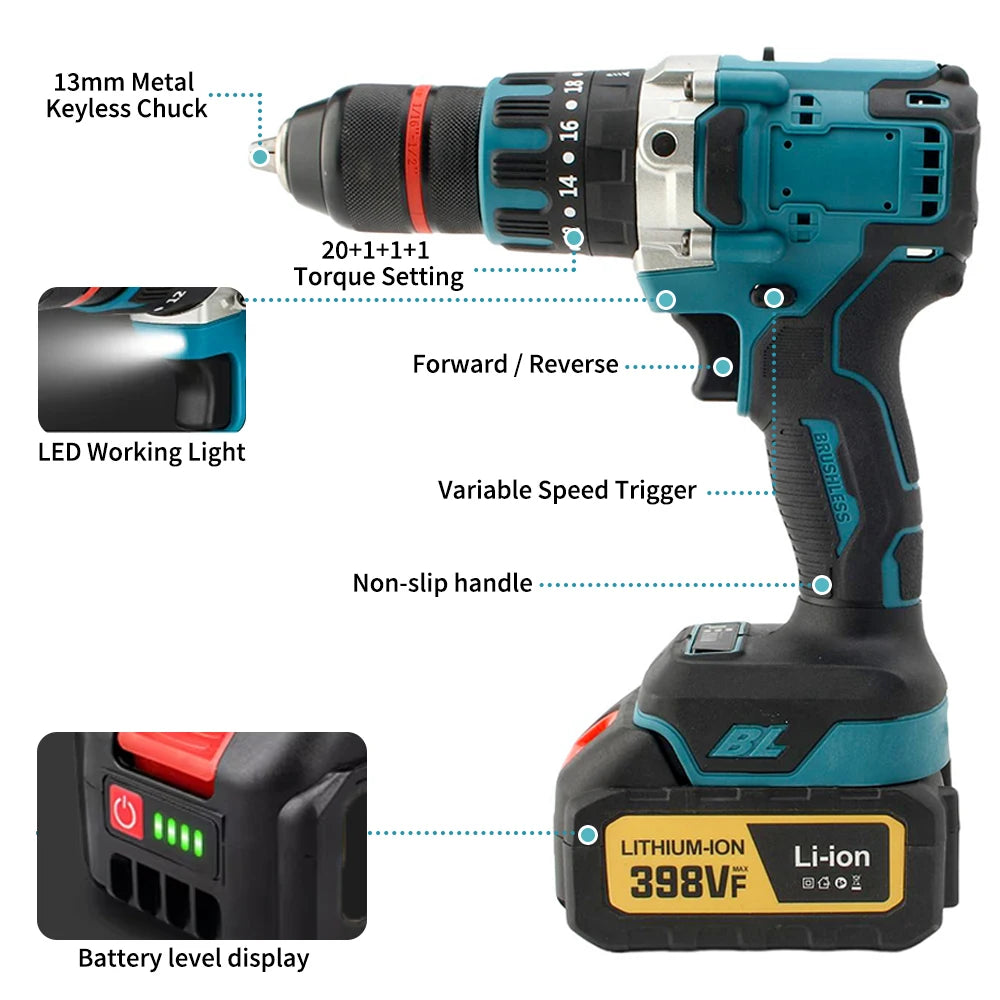 480N.M Brushless Electric Impact Drill 13mm Cordless Drill Electric Screwdriver DIY Driver Power Tool for Makita 18V Battery Pin