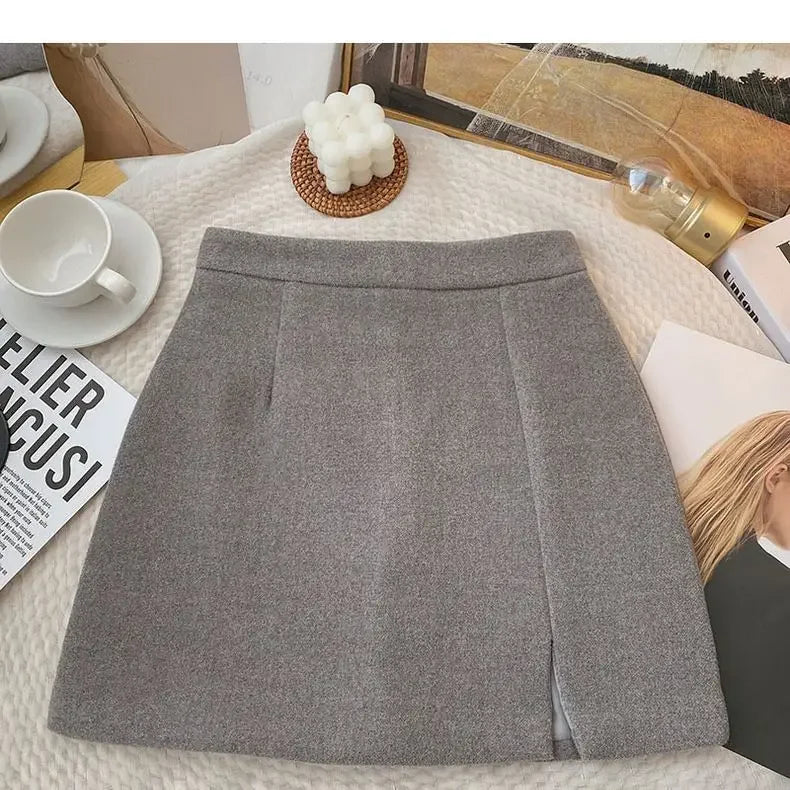 Woolen Mini Skirts Women S-5XL Slim Hip Wrap Side Slit A-line Autumn Winter Solid All-match Female Plus Size Graceful Vintage