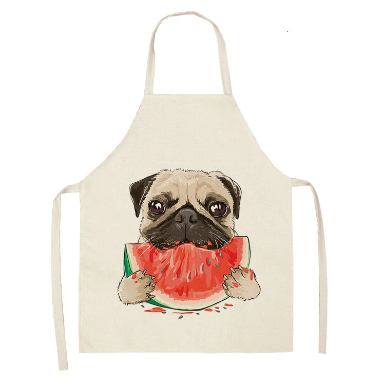 Cute Dog Pug Pattern Cotton Linen Sleeveless Chef Apron Kitchen Aprons Women Home Cooking Baking Waist Bib Pinafore 55x68cm