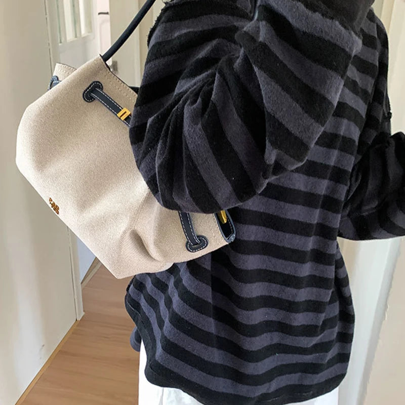 Luxury Canvas Dumpling Handbag Vintage Large Capacity Tote Bag Brand Pleated Drawstring Design Versatile Fashion Shoulder Purse