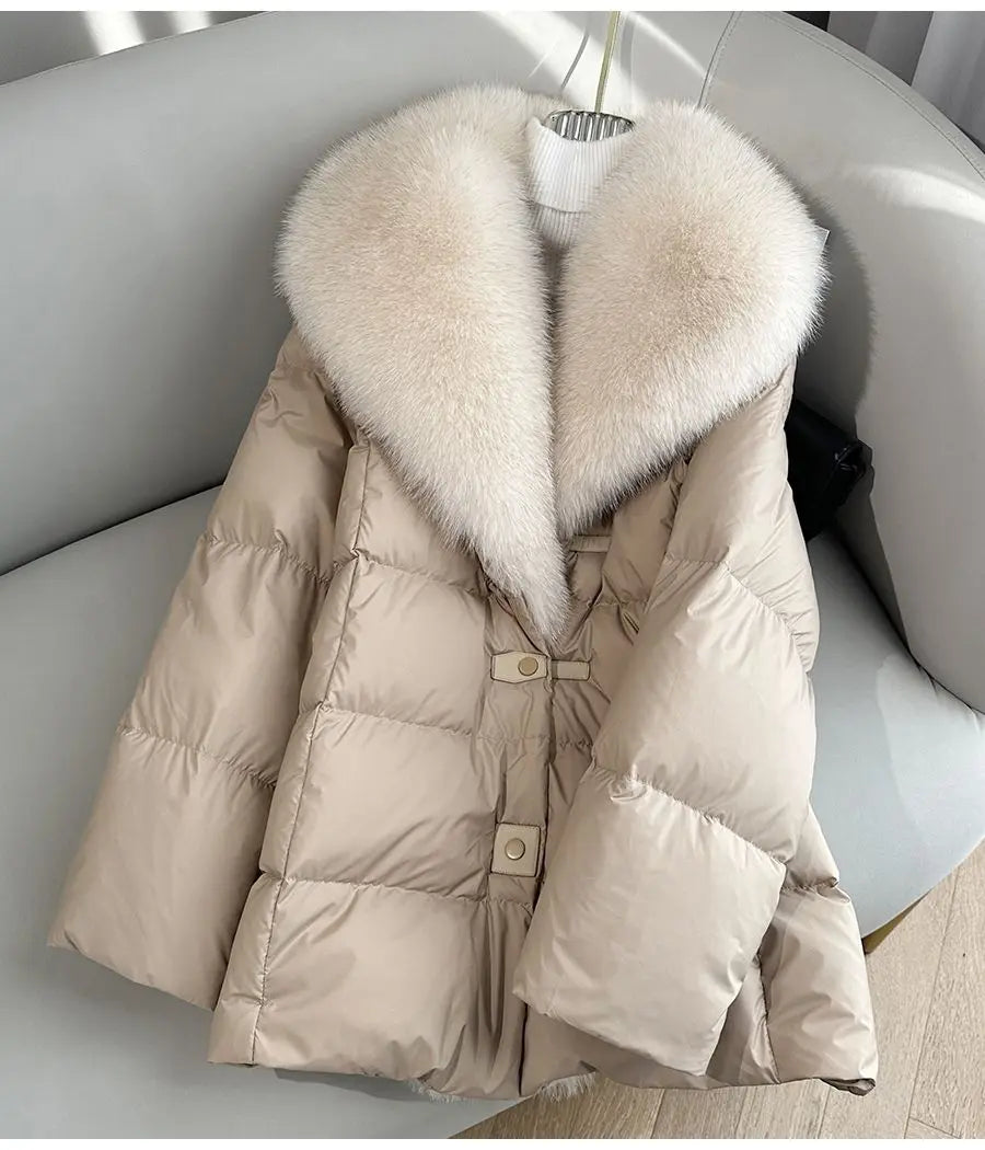 2025 Winter New Mid-length Temperament White Goose Puffer Parkas Women Fox Fur Detachable Large Lapel Fur Down Jacket High Qual