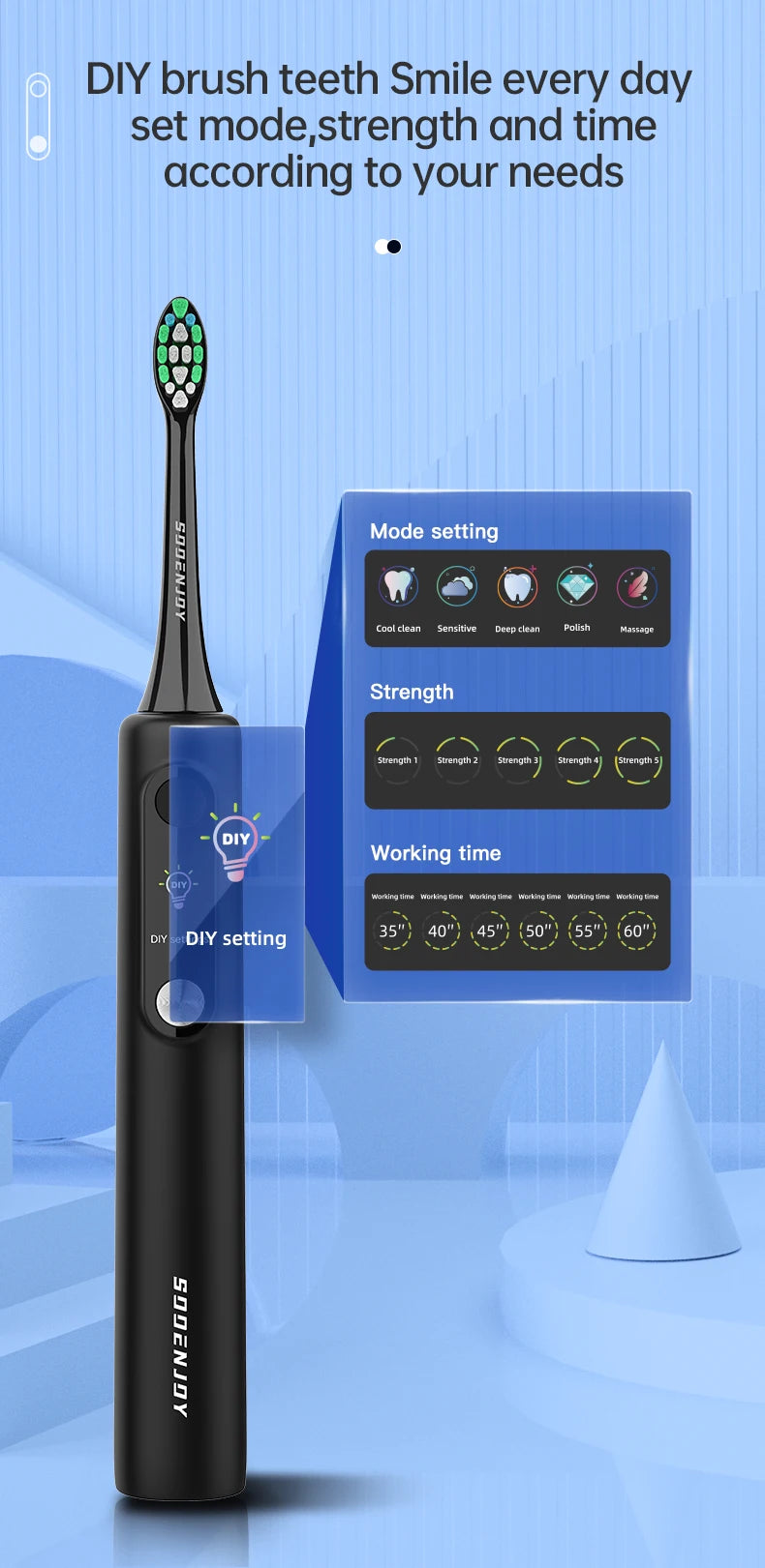 SOOENJOY Smart LCD Screen Sonic Electric Toothbrush NB-1 DIY Mode Cleaner Adult Automatic IPX7 Waterproof Teethbrush