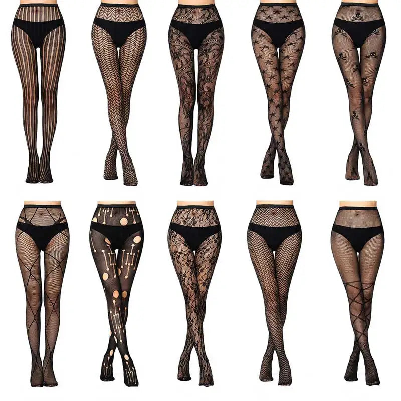 Sexy Mesh Stockings Print Patterns Flower Heart Skull Nylon Push Up  Slim Women Fishnet Tights Y2k Party Club Gothic Pantyhose