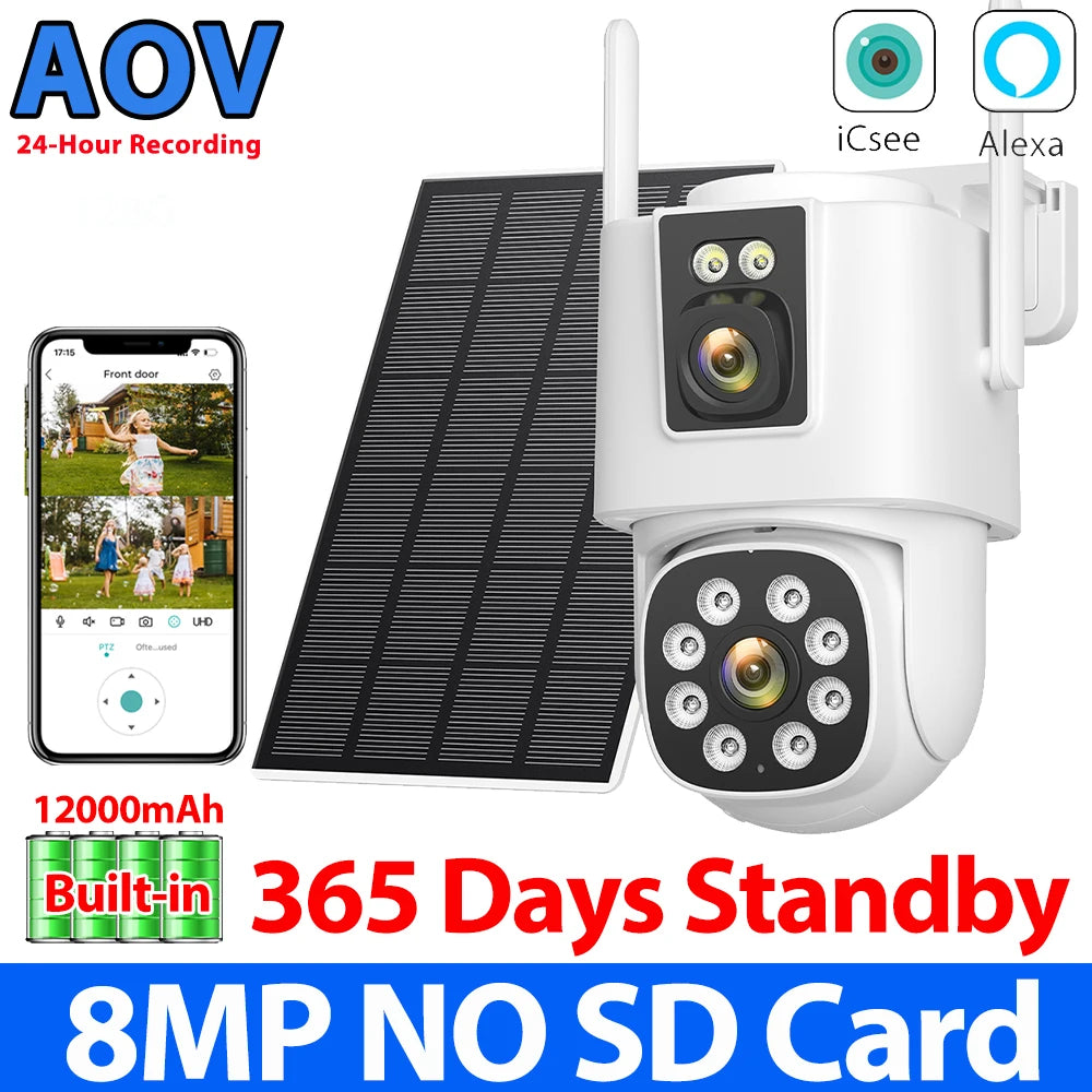 8MP 4K AOV Solar Camera Wifi 7/24 Recording Wireless Outdoor Surveillance Camera Dual Lens 365 Days Standby Home Security ICSEE