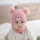 Baby Knitted Hat Set with Embroidered Face and Pom-Poms Hand-Washable Baby Hat and Scarf Set Perfect for Fall and Winter