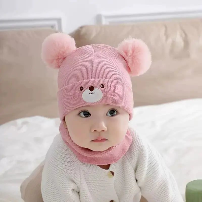 Baby Knitted Hat Set with Embroidered Face and Pom-Poms Hand-Washable Baby Hat and Scarf Set Perfect for Fall and Winter