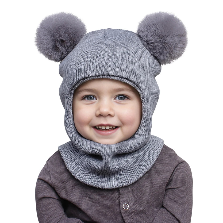 Kids Yarn Knit Balaclava Cap Autumn Winter Pullover Ear Protection Double Ball One-piece Baby Christmas Gift Hat