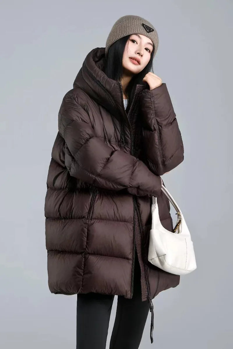 Winter Hooded Warm Mid Length Down Jacket Female Double Zipper Solid Parker Outwears Women 90% White Duck Down Loose Down Jacket