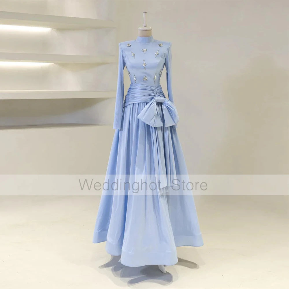 Modest Evening Party Dresses for Women 2025 High Collar Long Sleeves Formal Gowns Long A Line Crystal Bow Wedding Guest Dress