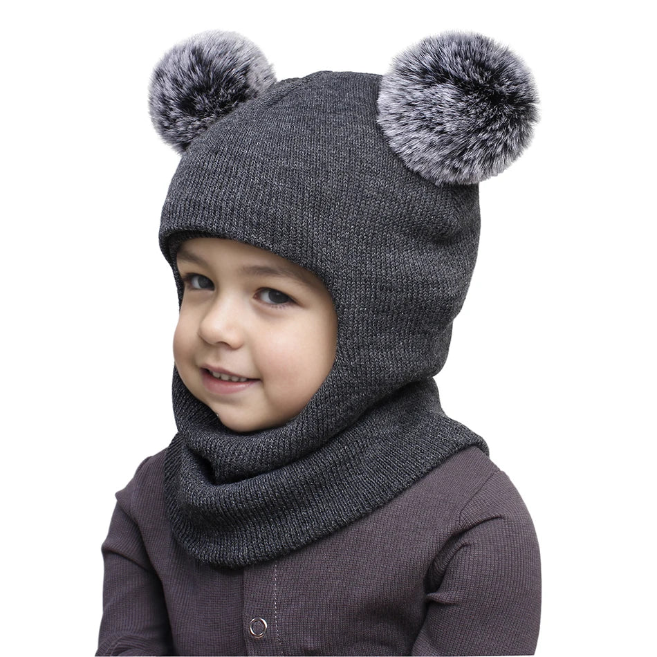 Kids Yarn Knit Balaclava Cap Autumn Winter Pullover Ear Protection Double Ball One-piece Baby Christmas Gift Hat
