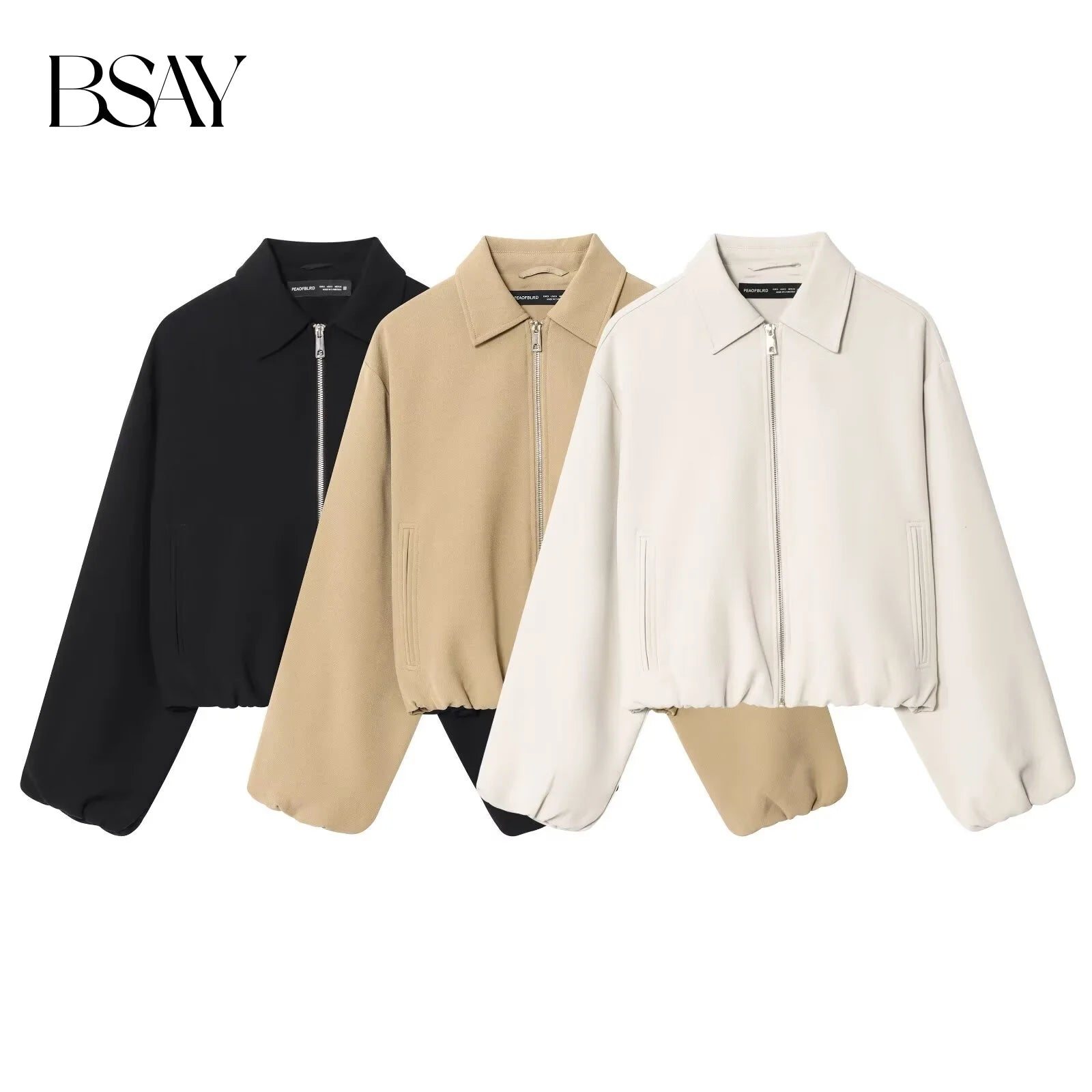 BSAY women's autumn new 2025 solid color simple pocket waist cinched long sleeved lapel zipper puffy jacket