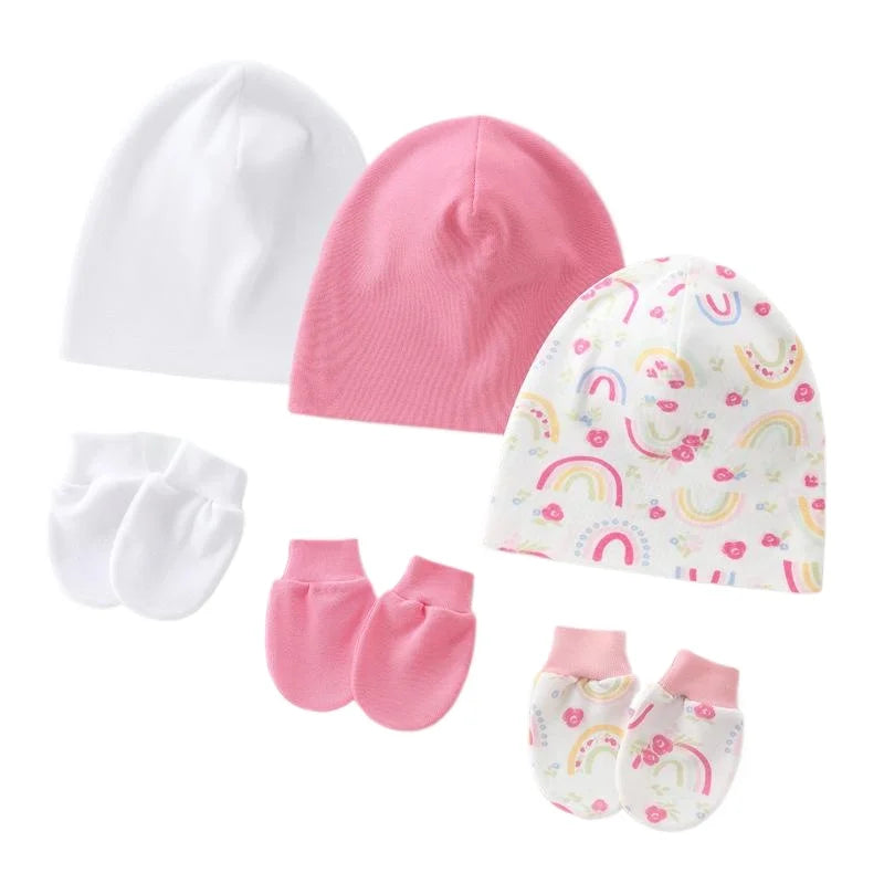 3Set/lot Newborn Baby Hat Gloves Suit Cotton Boys Girls Beanie Hats Cartoon Printed Prevent Face Infant Gloves Shower Gifts